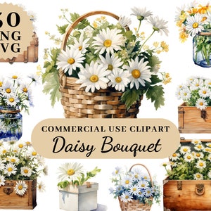 Daisy Flower Clipart Bundle, Daisy Wreath Clipart, Daisy Bouquet Clipart, Birthflower Clipart SVG, Artful Art Clipart, Transparent PNG