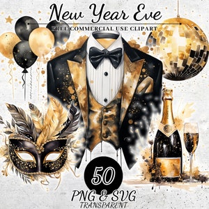Aquarelle Happy New Year Clipart, décorations du nouvel an PNG SVG, décoration de fête du nouvel an, téléchargement numérique de la Saint-Sylvestre, créations en papier