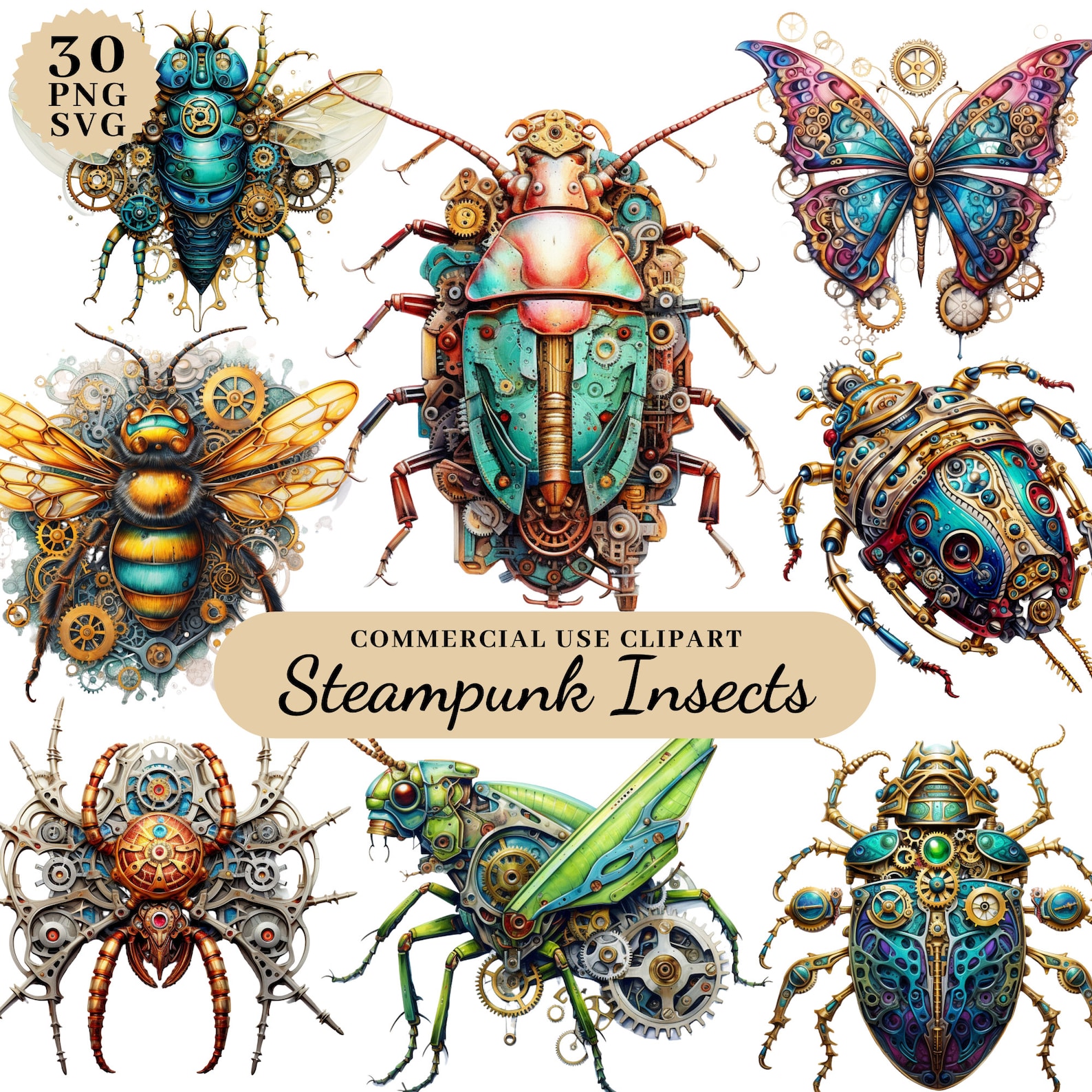 Watercolor Steampunk Insects Clipart Bundle, Steampunk Animal Ephemera ...