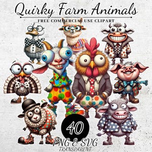 Paquete de imágenes prediseñadas de animales de granja extravagantes, ilustraciones divertidas de animales de granja, dibujos animados de animales de granja PNG, descarga digital para manualidades y proyectos de bricolaje