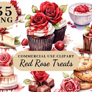 Watercolor Red Rose Treats Clipart PNG, Provence Floral, Provence Latte and Croissant, Flowers Clipart, Wedding PNG Clipart, Birthday Flower