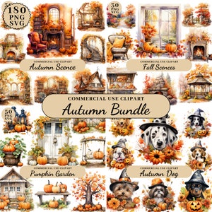 Pacchetto di clipart del giardino della zucca dell'acquerello, clipart delle scene autunnali, fattoria autunnale, set di clipart autunnale accogliente, Halloween, PNG trasparente SVG