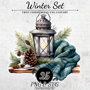 Watercolor Winter Scene Clipart PNG, Christmas Decorations Clipart, Christmas Winter Clipart, Winter Cute Clipart SVG, Paper Craft