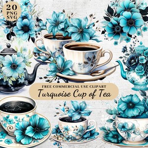 Imágenes prediseñadas de taza de té turquesa con acuarela, imágenes prediseñadas de tazas de café, imágenes prediseñadas de tazas de flores turquesas, imágenes prediseñadas de la hora del té, imágenes prediseñadas PNG SVG transparentes