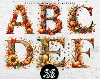 Op de afbeelding: Herfst alfabet clipart set met 26 letters, elk versierd met herfstbladeren, pompoenen, eikels en andere herfstachtige elementen. De letters zijn in een bruine hout stijl met een witte omtrek. De tekst "26 PNG & SVG TRANSPARENT" staat onderaan de afbeelding.