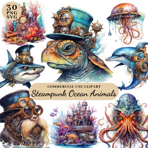 Paquete de imágenes prediseñadas de animales oceánicos Steampunk de acuarela, efímera de animales Steampunk, imágenes prediseñadas descargables Steampunk, tiburón delfín tortuga Steampunk
