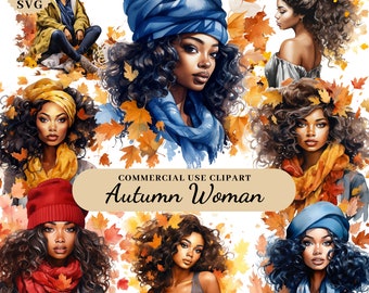 Watercolor Autumn Black Girl Clipart Bundle, Fall Scences Clipart, Autumn Fall Farmhouse, African American Girls Clipart, Transparent PNG
