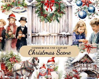 Watercolor Christmas Scene Clipart, Christmas Decorations Clipart, Christmas Winter Clipart, Winter Holidays Clip Art, Winter Cute Clipart