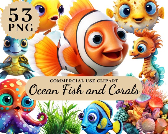Sea Fish Clipart Fish Under Sea Clip Art Sea Animal PNGs Clipart Sea Animal Birthday Party Nursery Decor Ocean Coral Clipart Turtle Animal