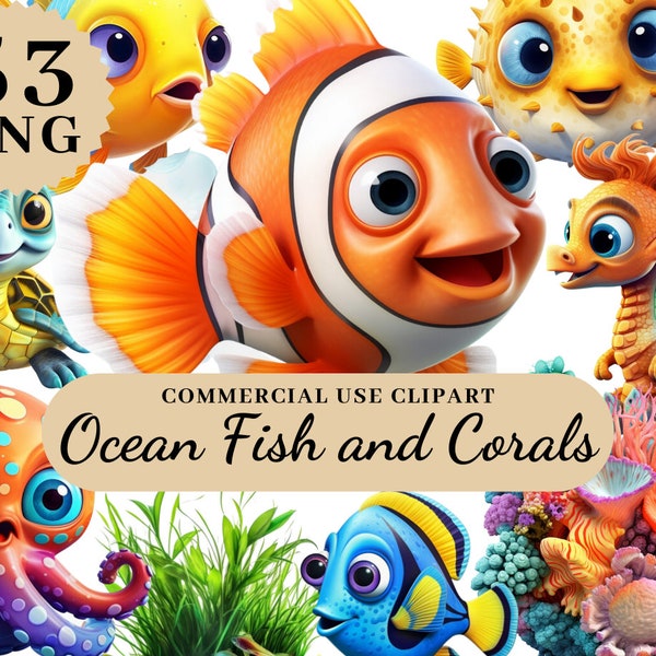 Seefisch Clipart, Fisch unter Meer Clip Art Seetier PNGs Clipart Seetier Geburtstagsparty Kinderzimmer Dekor Korallen Korallen Clipart Schildkröte