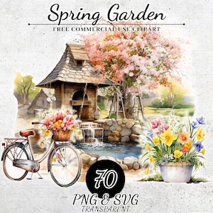 Clipart de jardín de primavera en acuarela, clipart de decoraciones de primavera, clipart de jardín pintado, clipart de flores silvestres, PNG SVG transparente, sublimación
