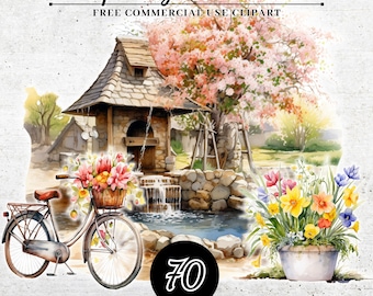 Watercolor Spring Garden Clipart, Spring Decorations Clipart, Painted Garden Clipart, Wildflower Clipart, Transparent PNG SVG, Sublimation