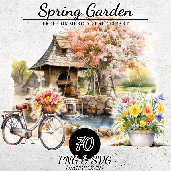 Watercolor Spring Garden Clipart, Spring Decorations Clipart, Painted Garden Clipart, Wildflower Clipart, Transparent PNG SVG, Sublimation