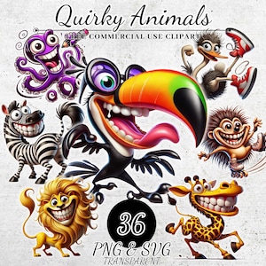 Quirky Animals Clipart Bundle, Funny Animal Illustrations, Cartoon Animal PNG, Digital Download Clipart for Kids Crafts & DIY Projects