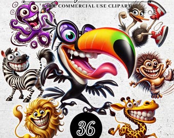Quirky Animals Clipart Bundle, Funny Animal Illustrations, Cartoon Animal PNG, Digital Download Clipart for Kids Crafts & DIY Projects