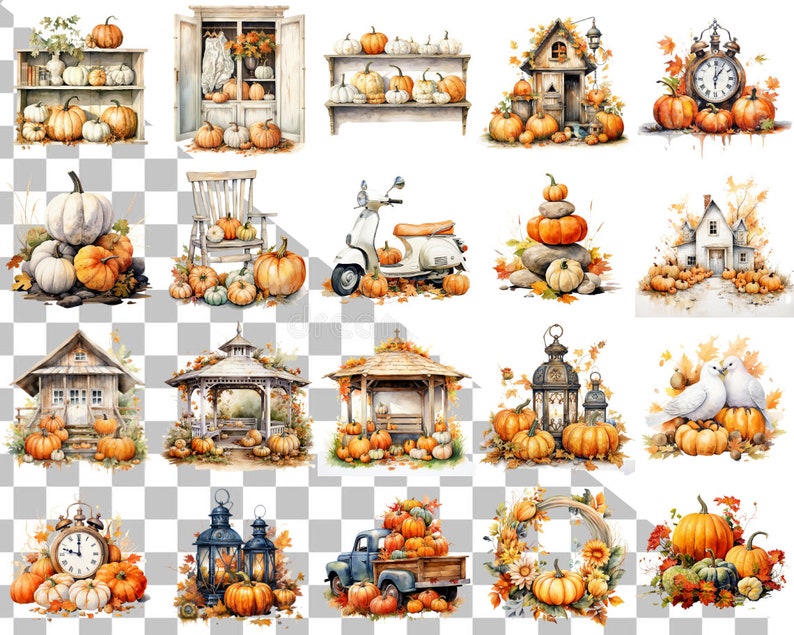 May include: A collection of watercolour illustrations featuring pumpkins, gourds, and autumn-themed scenes. The illustrations include a white farmhouse, a gazebo, a scooter, a lantern, a clock, and a wreath.