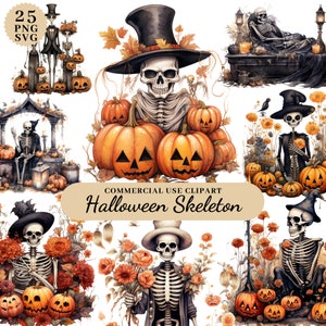 Watercolor Halloween Skeleton Pumpkin Clipart Bundle, Digital Junk Journal Halloween, Happy Halloween Clipart, Scary Halloween Clipart