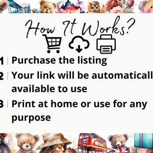 May include: How It Works? A white background with black text and icons explaining how to purchase a digital download. The icons show a shopping cart, a cloud with a downward arrow, and a printer.