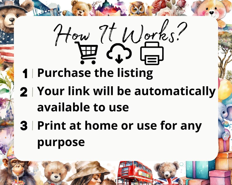 May include: How It Works? A white background with black text and icons explaining how to purchase a digital download. The icons show a shopping cart, a cloud with a downward arrow, and a printer.