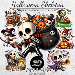 Cute Halloween Skeleton Clipart, Spooky Skeleton Clipart, Halloween Clipart for Teachers, Digital Halloween Clipart, Halloween Printables