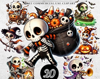 Cute Halloween Skeleton Clipart, Spooky Skeleton Clipart, Halloween Clipart for Teachers, Digital Halloween Clipart, Halloween Printables