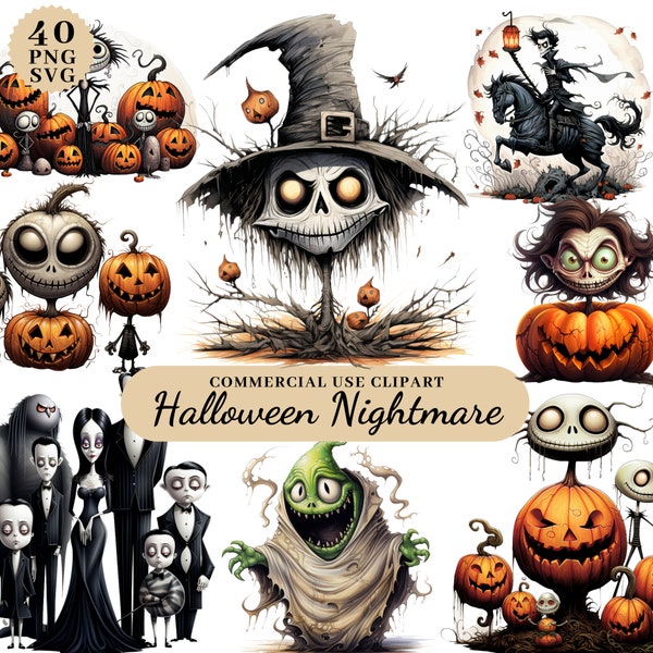 Halloween Nightmare Clipart Bundle, Halloween Mega Pack, Happy Halloween Clipart, tête de citrouille d'Halloween, Digital Junk Journal Halloween