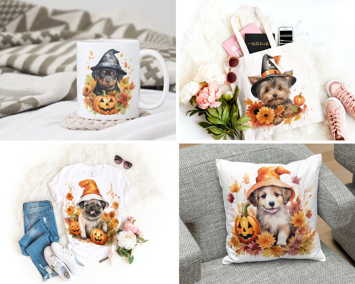 Watercolor Autumn Dog Pumpkin Flowers Clipart, Cozy Fall Clipart Set ...