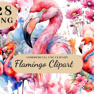 28 PNG Watercolor Flamingo Clipart, Tropical Birds with Flowers, Flamingos Clipart, Nursery Art, Instant Download, Commercial Use, Birds
