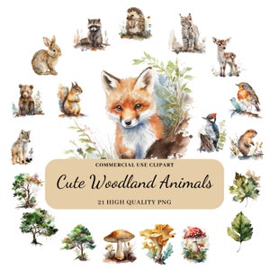 Aquarelle des cliparts animaux des bois, clipart décoration de chambre d'enfant, usage Commercial, imprimable Woodlands, PNG Transparent, cerf, ours, renard, loup