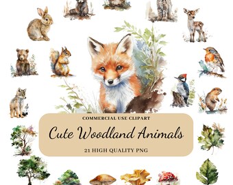 Woodland Animals Clipart Watercolor, Nursery Decor Clipart, Commercial Use, Printable Woodlands, Transparent PNG, Deer, Bear, Fox, Wolf