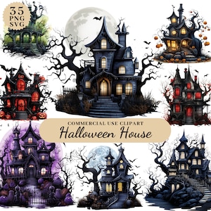 Watercolor Halloween House Clipart Bundle, Scary Halloween Clipart, Digital Junk Journal Halloween Happy Halloween Clipart, Commercial Use
