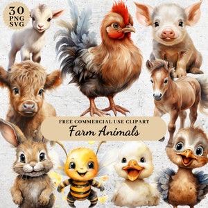 Aquarelle Animaux de ferme Clipart, Animaux d’anniversaire imprimables, Parfait pour les journaux indésirables, les invitations et la sublimation PNG SVG, Paper Craft