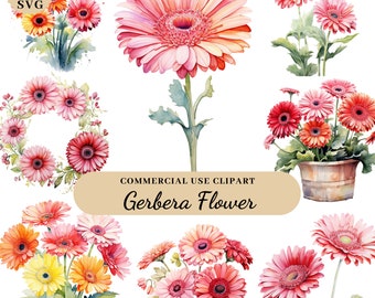 Watercolor Gerbera Flower Clipart, PNGs For Botanical Print, Wedding Clipart, Floral Bouquet, Pink Watercolor Flowers, Digital Journals