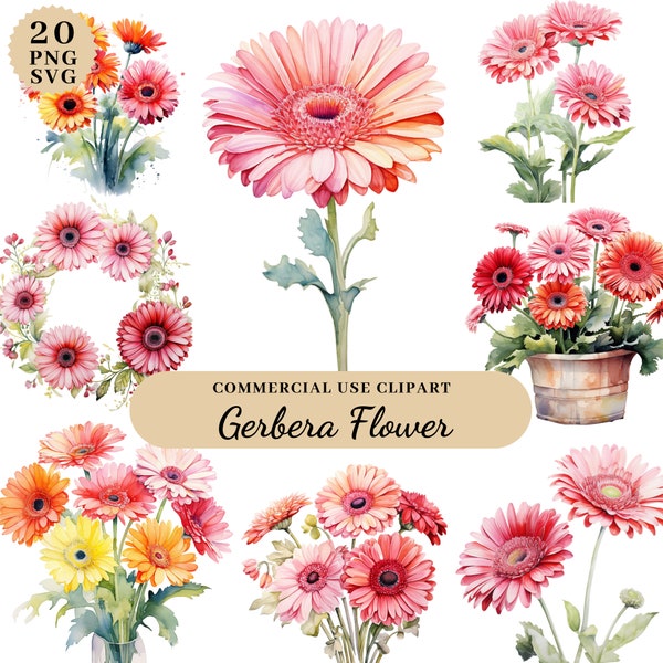 Watercolor Gerbera Flower Clipart, PNGs For Botanical Print, Wedding Clipart, Floral Bouquet, Pink Watercolor Flowers, Digital Journals