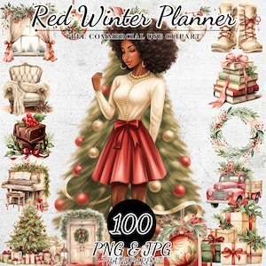 Paquete de imágenes prediseñadas de invierno rojo festivo, imágenes prediseñadas PNG de planificador navideño, decoraciones para organizadores festivos, accesorios de planificador digital con temática roja