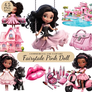 Aquarel Fairytale Pink Dolls Clipart Bundel, Barb Clipart, Princess Doll Clipart, Girls Decor Clipart, Pink Fashion Doll Graphics