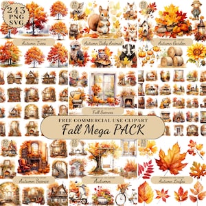 Aquarela Autumn Bundle Clipart PNG SVG Fall Clipart Wall Art Download instantâneo digital Veado Lobo Raposa Coelho Queda Árvore Outono Scences Folhas