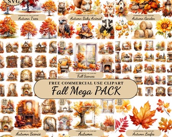 Watercolor Autumn Bundle Clipart PNG SVG Fall Clipart Wall Art Digital Instant Download Deer Wolf Fox Rabbit Fall Tree Autumn Scences Leafs