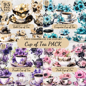 Acuarela taza de oro de imágenes prediseñadas de té, imágenes prediseñadas de tazas de café, imágenes prediseñadas de tazas de flores doradas y negras, imágenes prediseñadas de la hora del té, imágenes prediseñadas SVG PNG transparente