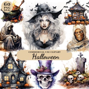 Aquarell Halloween Clipart Bundle, Happy Halloween Clipart, Halloween Kürbis Kopf, Digital Junk Journal Halloween, Hexe Skelett Grab