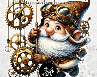 May include: A whimsical steampunk gnome with a white beard and goggles, holding onto a set of gears. The gnome is wearing a brown leather jacket and hat, and has a white beard. The background is a white, textured surface.  FREE COMMERCIAL USE CLIPART 24 PNG & SVG TRANSPARENT