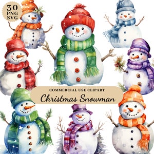 Imágenes prediseñadas de muñeco de nieve lindo acuarela, imágenes prediseñadas de decoraciones navideñas, imágenes prediseñadas de muñeco de nieve de Navidad, decoración de Navidad, descarga de impresión de muñeco de nieve, fabricación de tarjetas