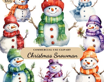 Watercolor Cute Snowman Clipart, Christmas Decorations Clipart, Xmas Snowman Clipart, Xmas Decor, Snowman Print Download, Card Making