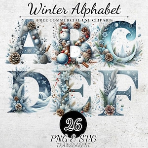 Alfabeto de invierno, letras nevadas, alfabeto de sublimación de invierno, fuente helada SVG PNG, letras de invierno acogedoras para manualidades y decoración