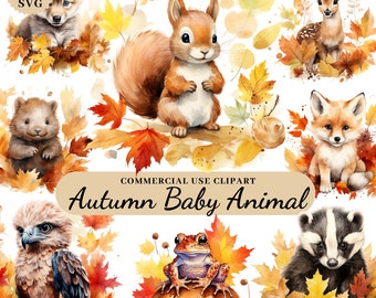 Watercolor Autumn Woodland Animal Clipart PNG SVG Fall Clipart Wall Art ...