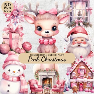Watercolor Pink Christmas Clipart, Christmas Decorations Clipart, Christmas Winter Clipart, Winter Holidays Clip Art, Winter Cute Clipart
