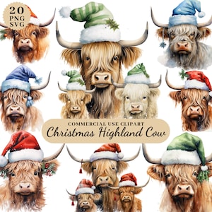 Acuarela Navidad Highland Cow Clipart, Decoraciones navideñas Clipart, Clip Art de invierno, Decoración de Navidad, Highland Cow SVG PNG, Fabricación de tarjetas