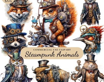 Watercolor Steampunk Forest Animals Clipart Bundle, Steampunk Animal Ephemera, Downloadable Clipart Steampunk, Fantasy Steampunk Animal