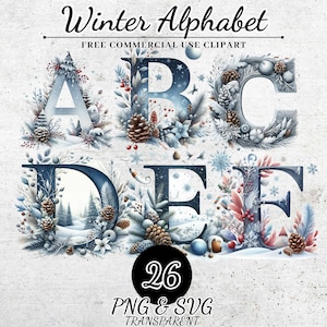 Alfabeto de invierno helado, letras de copos de nieve, fuente de sublimación de invierno, alfabeto helado SVG PNG, letras acogedoras para manualidades y decoración navideña