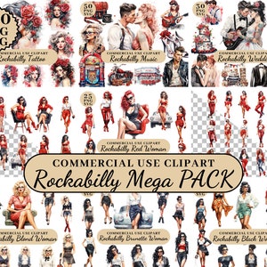 Aquarell Rockabilly Musik Clipart Bundle, Pin Up Girl Clipart, Retro Girl Man, 50er Jahre Vintage Retro Dateien, transparente PNG SVG, kommerzielle